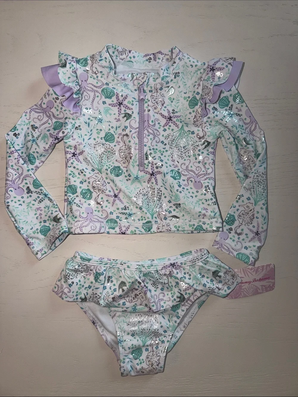 Tommy Bahama Girls' Long-Sleeve Pastel Floral Rashguard Set - Mint & Lavender